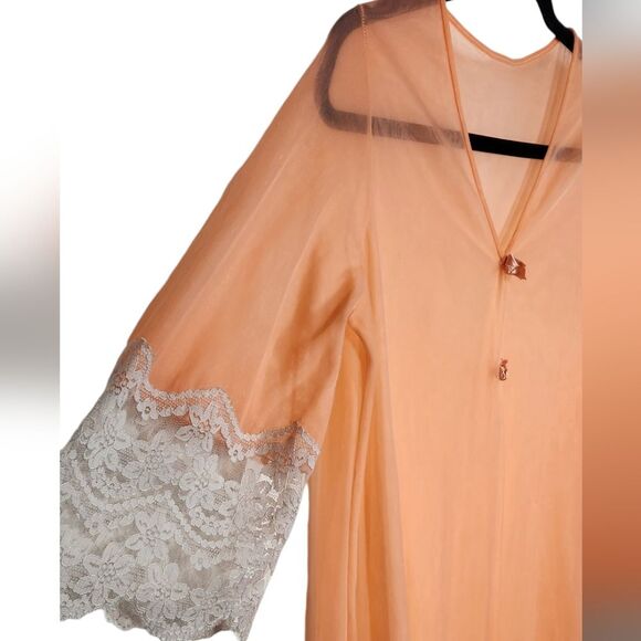 Vintage 60s 70s Robe Duster Flowy Glam BOHO Bell Sleeve Sheer Lace Coral Peach S - Picture 12 of 16